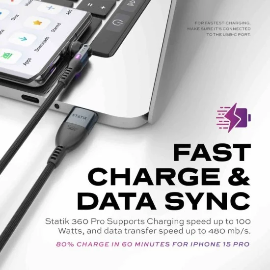 Statik 360 Pro 2.0 Magnetic Tip Usb-C Cable 90cm - Black